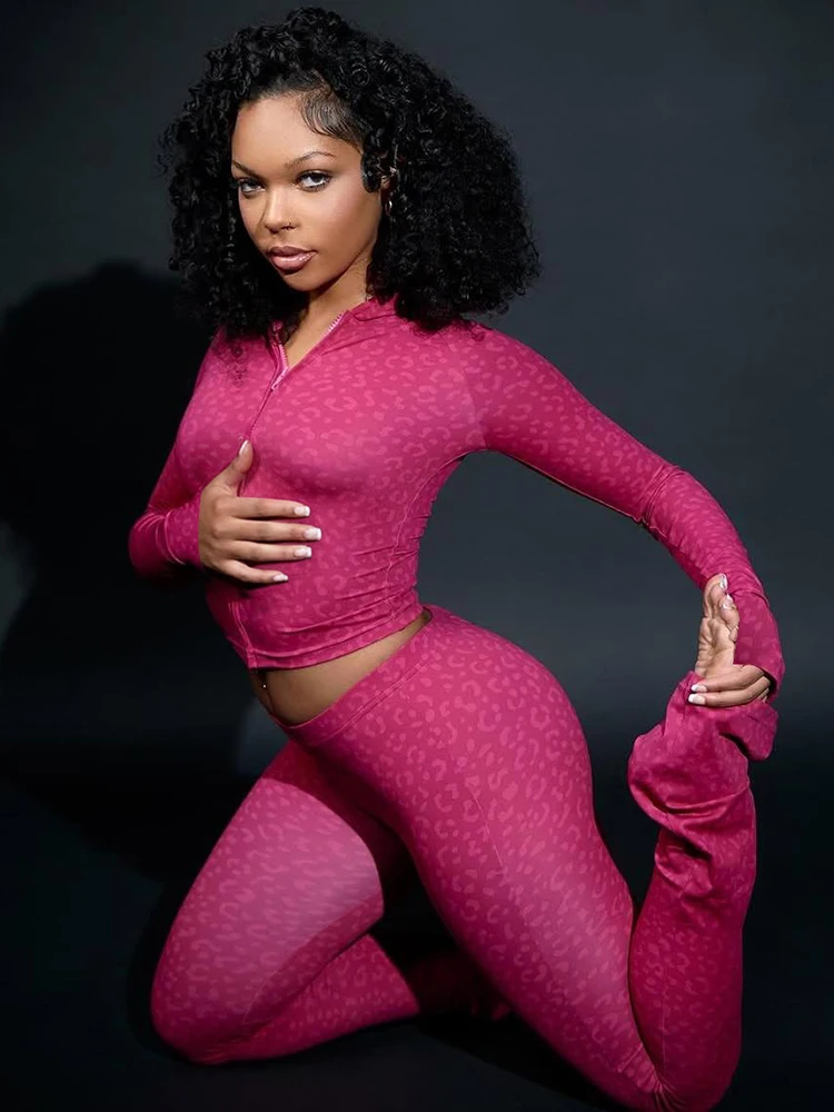 Weird Puss Leopardenmuster 2-teiliges Set Damen-Trainingsanzug mit Reißverschluss, Kapuzenjacke + Leggings, passende Skinny Stretch Street Casual Outfits