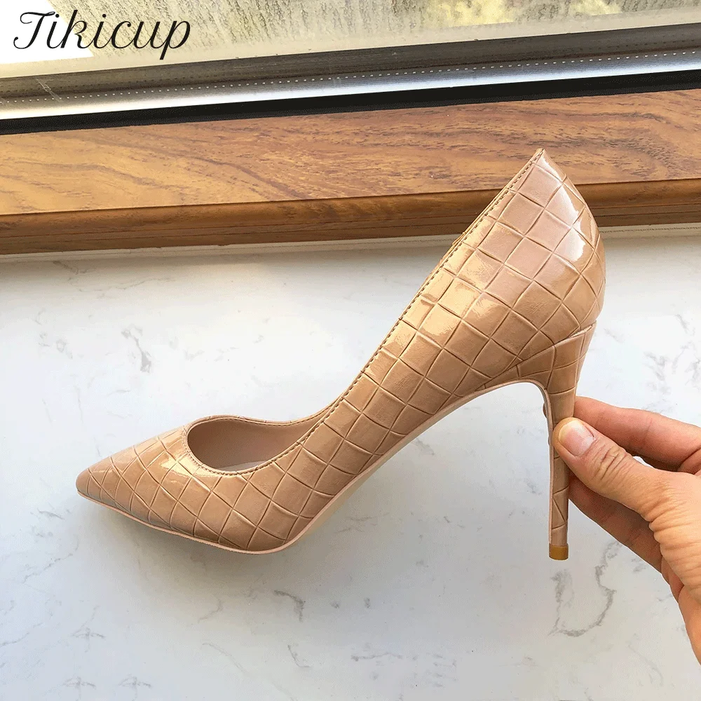 Tikicup Women’s Nude Crocodile Pointed-Toe Stiletto Pumps 12cm Thin High Heels Soft Insole Shoes Design for Wedding/Party/Office