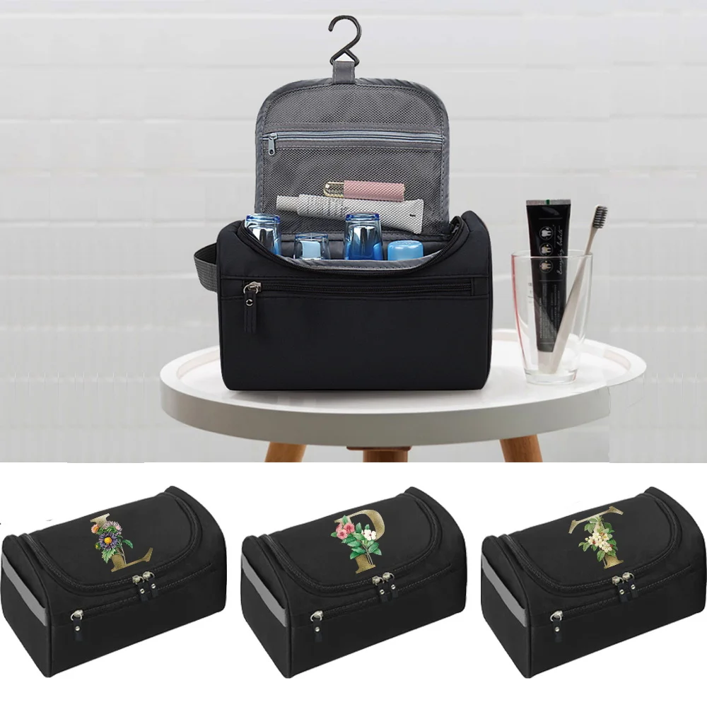 

2023 MakeUp Wash Pouch Travel Toiletry Bag Hook Cosmetic Bags Zipper Handbag Make Up Case Golden Flower Letter Print Organizer