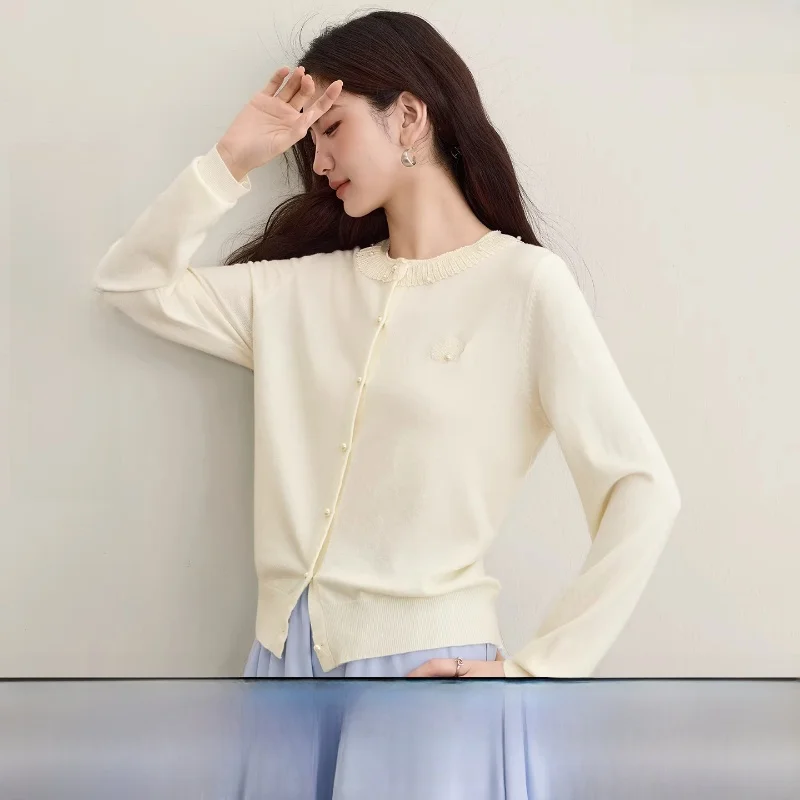 

Pure Color Knitted Cardigan Women's Long Sve round Ne Super Elastic Cloud irt Pearl Lace Trim Soft And Comfortable New...