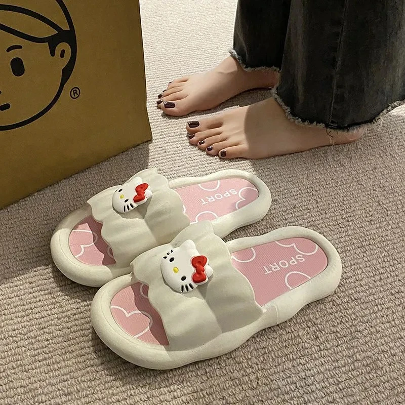 Summer Hello Kitty Cute Cartoon Women's Shoes Lightweight Non slip Bathroom Shoes Comfortable Soft Bottom Outdoor Slippers