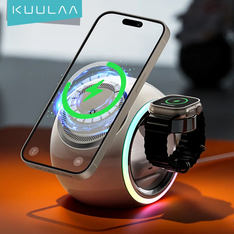 

KUULAA 3 in 1 Wireless Charging Stand for iPhone 16 15 4 Color Changing LED Light Magnetic Wireless Charger for AirPods/Watch