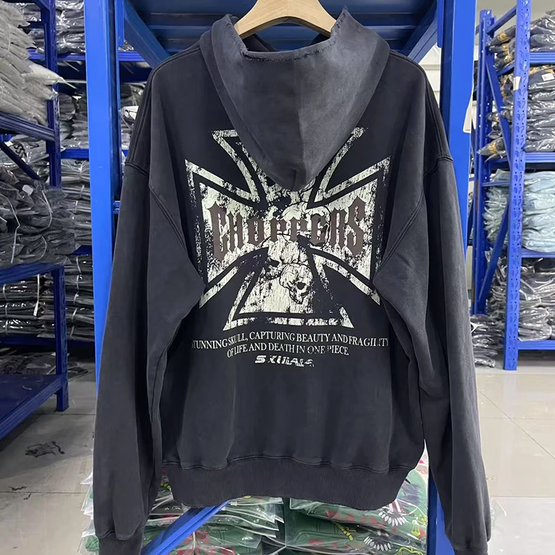 

Худи Streetwear West Coast Choppers с принтом черепа и креста, ретро-стиль, хип-хоп, с эффектом потертости, толстовка унисекс с капюшоном