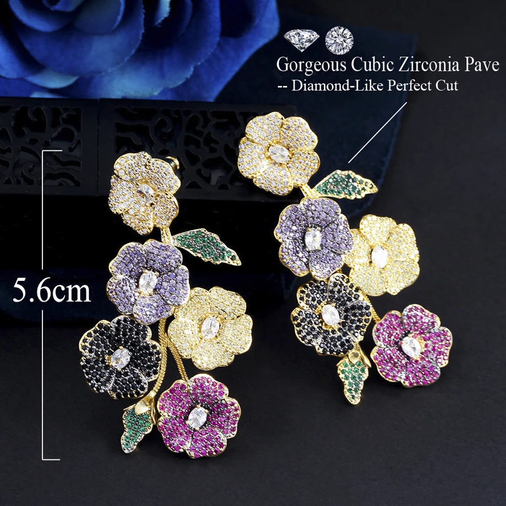 ThreeGraces Beautiful Cubic Zirconia Long Multicolor Flower Dangle Drop Earrings for Women Trendy Wedding Party Jewelry ER846