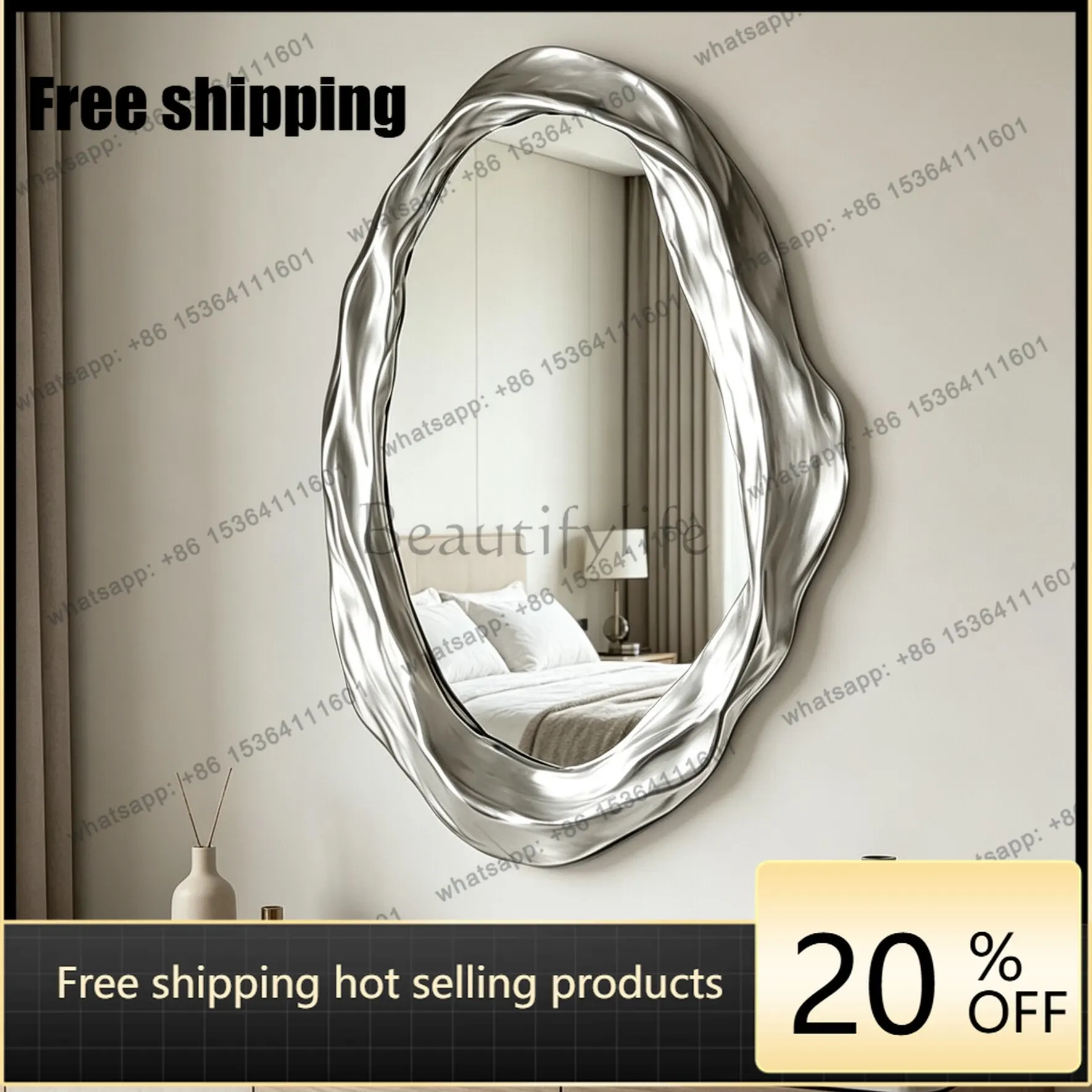 Silver irregular special-shaped mirror light luxury bathroom wall-mounted vanity mirror