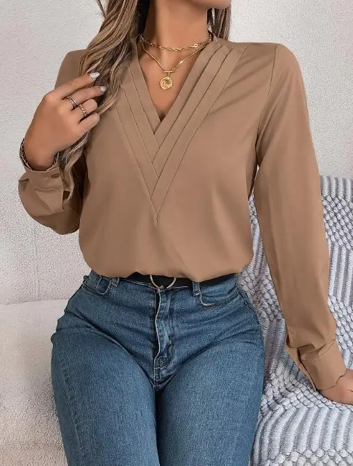 

Autumn Elegant Solid Color V-Neck Women's Long Sleeved Shirt with Layered Collar Design and Temperament, Slim Fit Chiffon Shirt