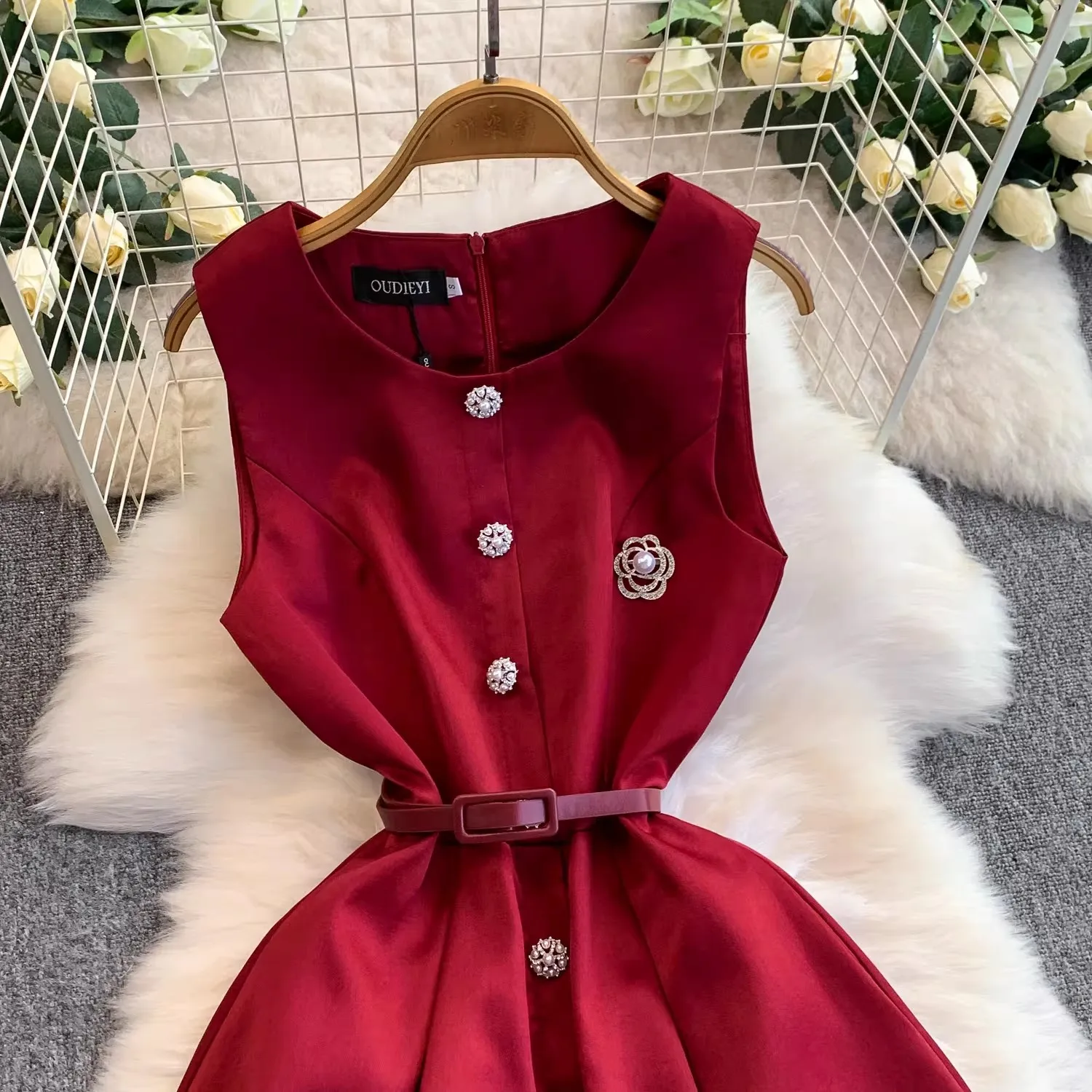 Fashion Runway Beeding A-line Midi Prom Dress Applique Sleeveless Belt Party Gowns Sweetheart Club Evening Dress