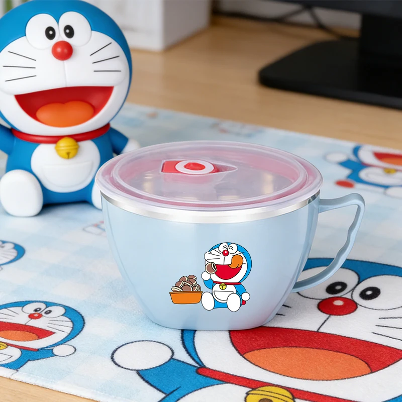 Doraemon Großvolumige Edelstahlschüssel mit Doppelwandiger Hitzeschutzfunktion, Instantnudel-Schüssel, Lebensmittel-Aufbewahrungsbehälter mit Deckel