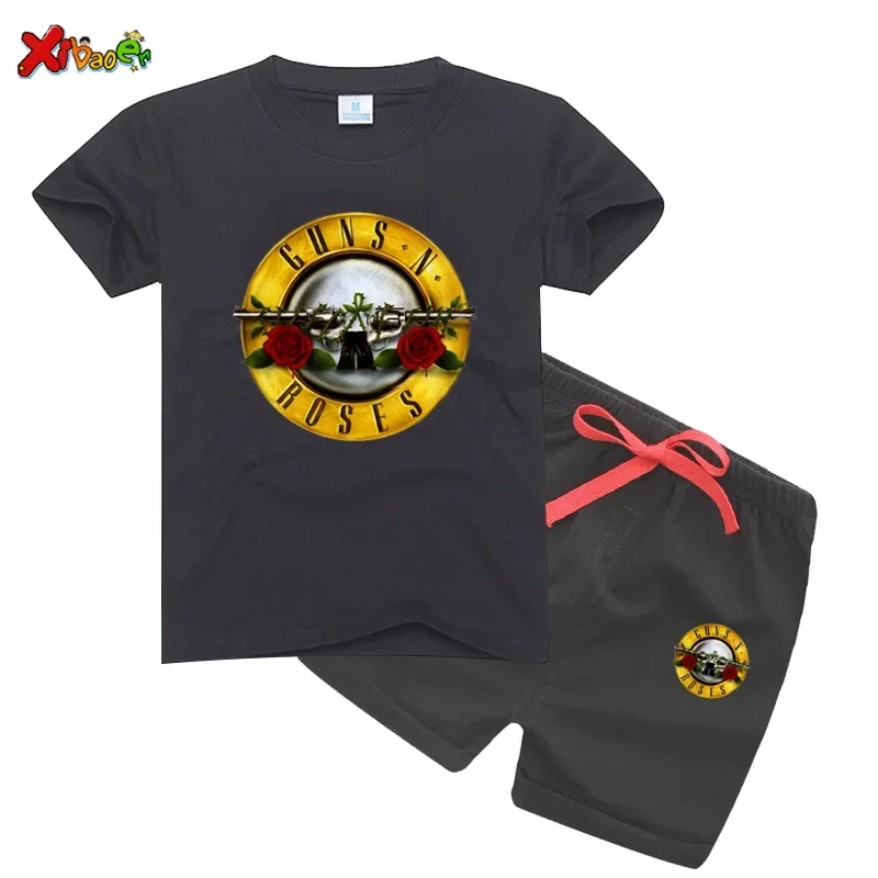 

Kids tshirt Rock Band Gun Rose Design T Shirt Boys Girls Great Casual Girls Sets Short Sleeve Kids Clothes T-Shirt Sets