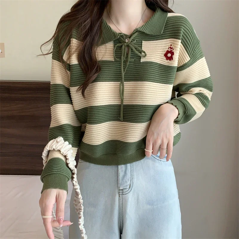 korean Women crop Tops Bottoming Shirt Striped patchwork casual Loose Doll Collar Knit Sweater women Pullover All-match Sweaters