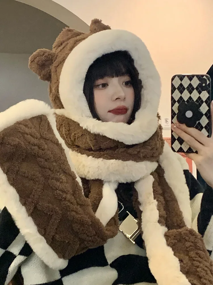 

2023 New High Quality Bear Ear Hat Scarf in One Female Winter Korean Version Cute Girl Thick Warm Plush Bib Gloves Tide Hot Sale