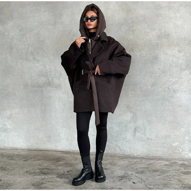Solid Patchwork Women's Jackets Detachable Hooded Lace Up Pockets Coats Lady Chic Loose Outerwears 2026 Spring Autumn New Coat