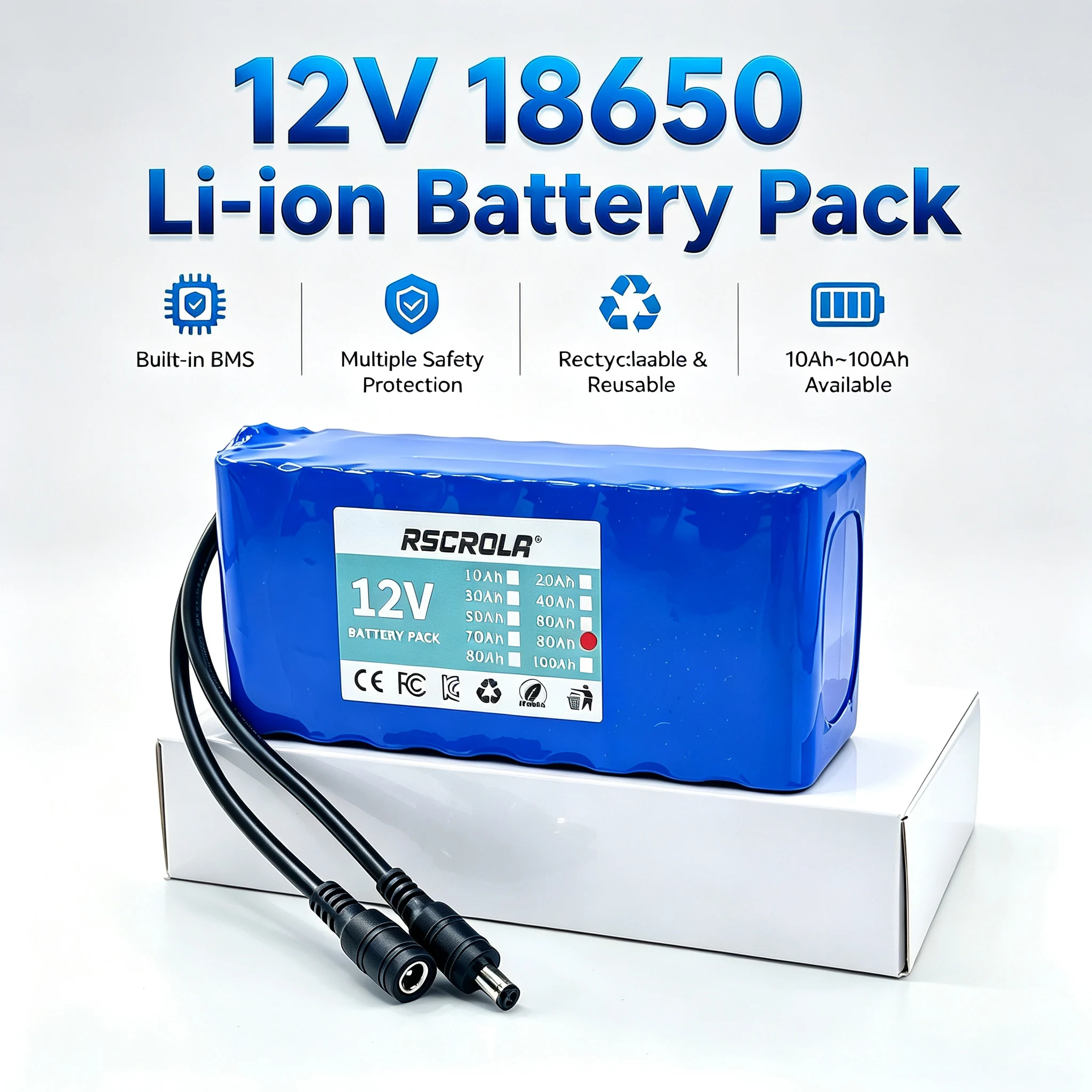 10Ah-100Ah 12V Battery Pack, 12V Li-ion 18650 Battery Pack with Charger, Large Capacity, DC12.6V for Sprayer,Router,Monitor,Toys
