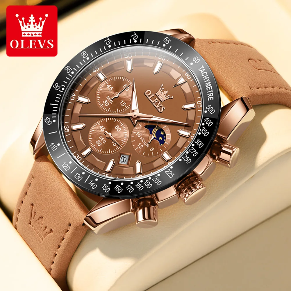 OLEVS Luxury Quartz Men Sport Watch Multi-Function Waterproof Luminous Chronograph Fashion Brown Leather Strap Men Wristwatch