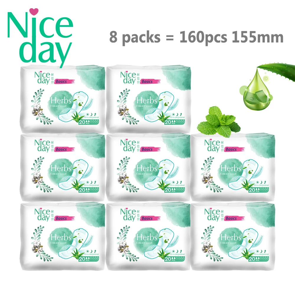 

8 упаковок, 160 шт., 155 мм, прокладки для прокладок Niceday Cooling & Herbal Care, гигиенические прокладки для салфеток с алоэ вера — многоупаковка