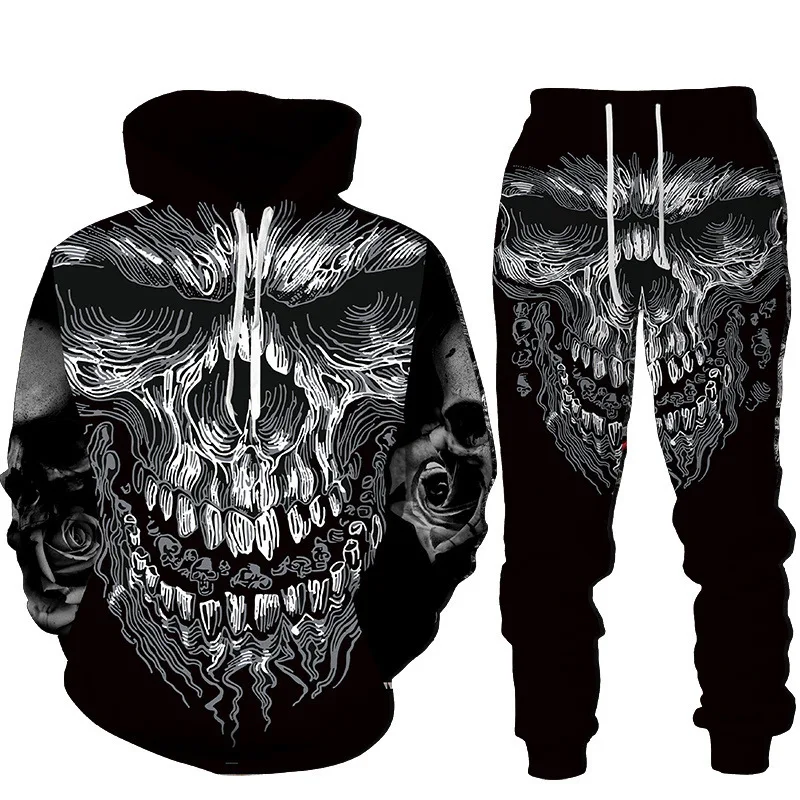Men's Tracksuit Suit  Terror Skull Graphic Casual Sports 3D Print Pullover Pants 2pcs Autumn Streetwear Oversize Y2k Clothing