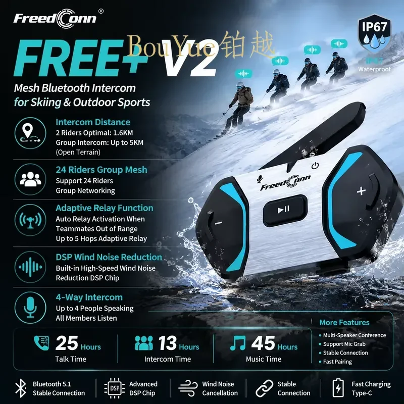 Bluetooth Ski Helmet Intercom Headset Mesh Network Group Communication System High Fidelity Audio Wireless Headphones for