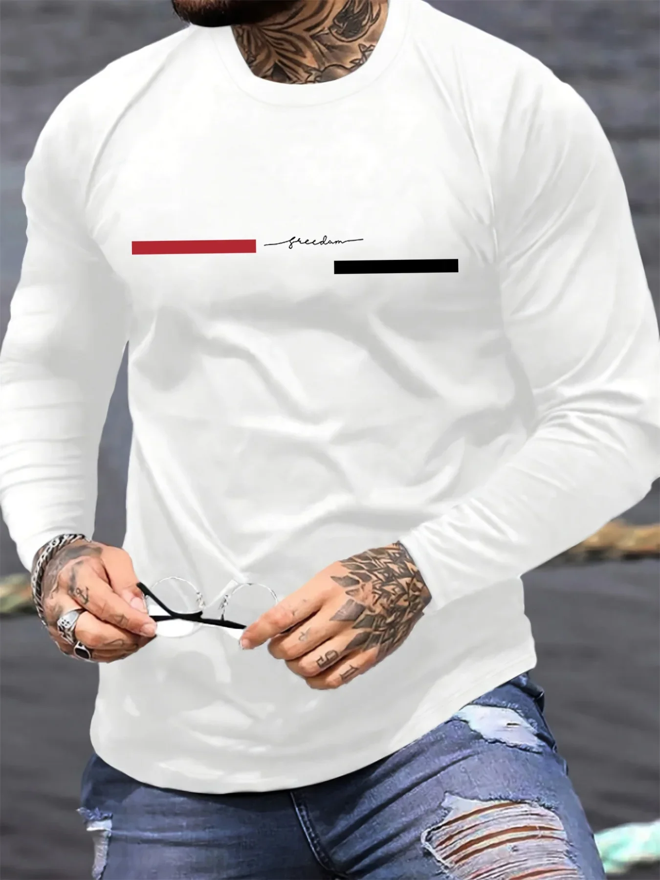Red black Line men's long sleeved round neck loose casual freedom letter pattern printed spring and autumn versatile T-shirt - view 4