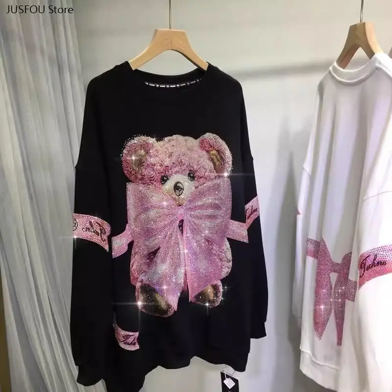 Women Cute Bear Rhinestone Hoodie Autumn Winter Loose Mid Length Pullover Casual Daily Long Sleeve Sweatshirt for Ladies