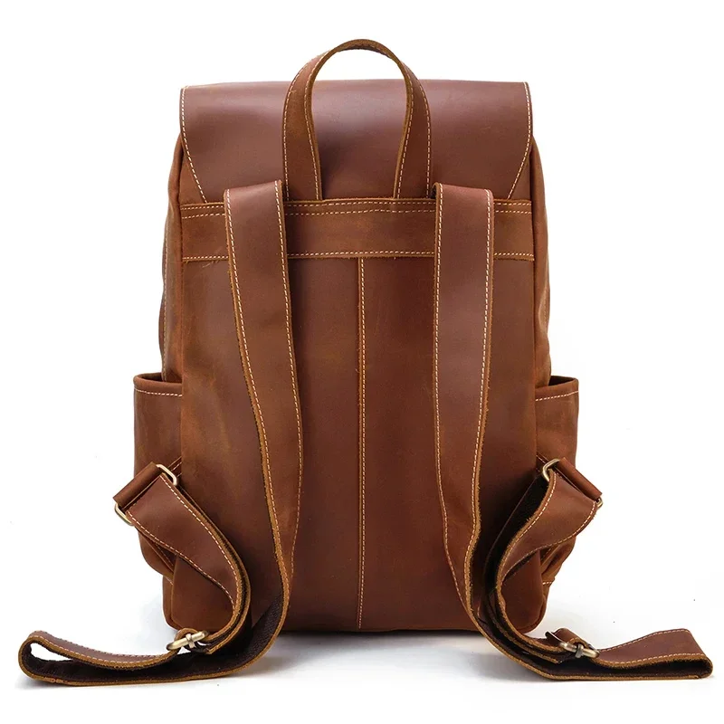 Mochila de couro genuíno masculino, Bolsa para laptop estilo vintage, Bolsa para computador de grande capacidade, estilo handmad, transporte da gota