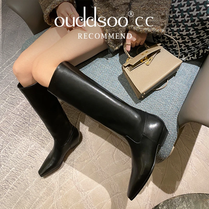 Ods Genuine Leather News Women Knee High Boots Cow Leather Low Heel Square Toe Long Boots Winter Woman Dress Shoes Black 34-43