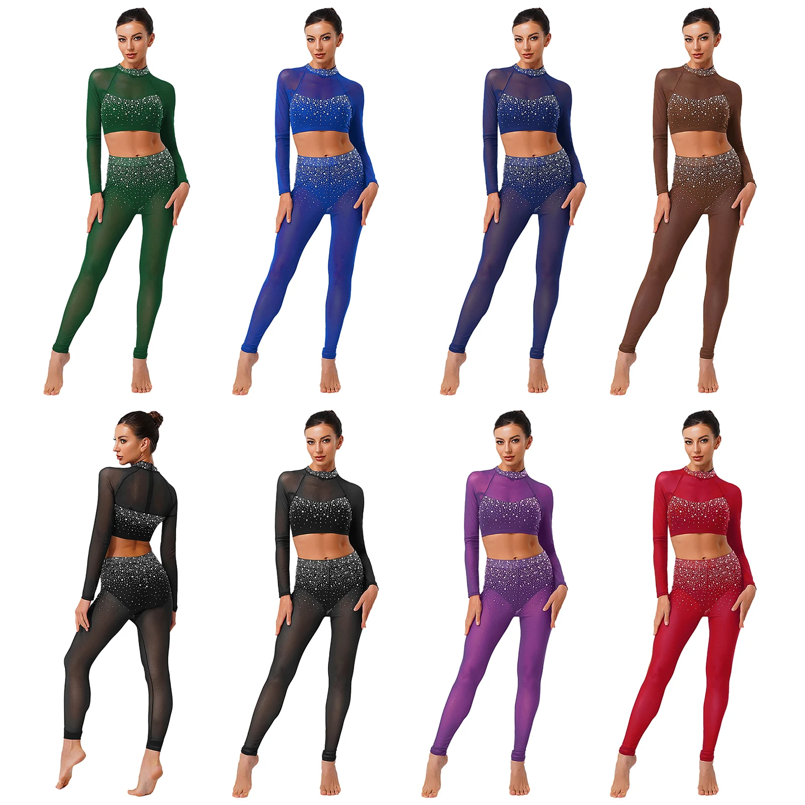 Completo da donna moderno per pattinaggio di figura, top a maniche lunghe + slip incorporati, leggings, collant, abbigliamento da ballo per allenamento di ginnastica latina