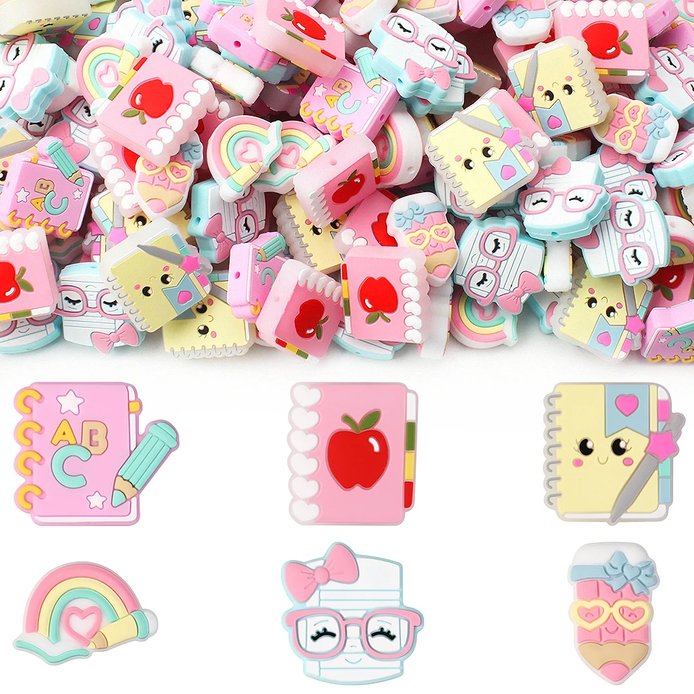 5/10/20/50pcs perles de Silicone de livre de crayon de bande dessinée, perles focales colorées pour cahier pour Bracelets, lanières, accessoires de stylo perlé