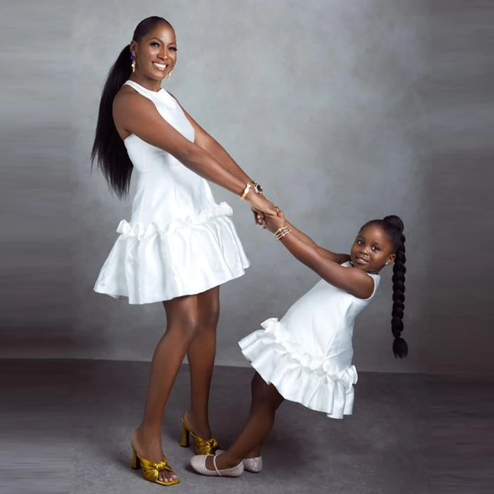 Aso Ebi Mother and Daughter Matching Dress Above Knee Satin Family Look Mini Mommy and Me Birthday Gowns Flower Girl Dress