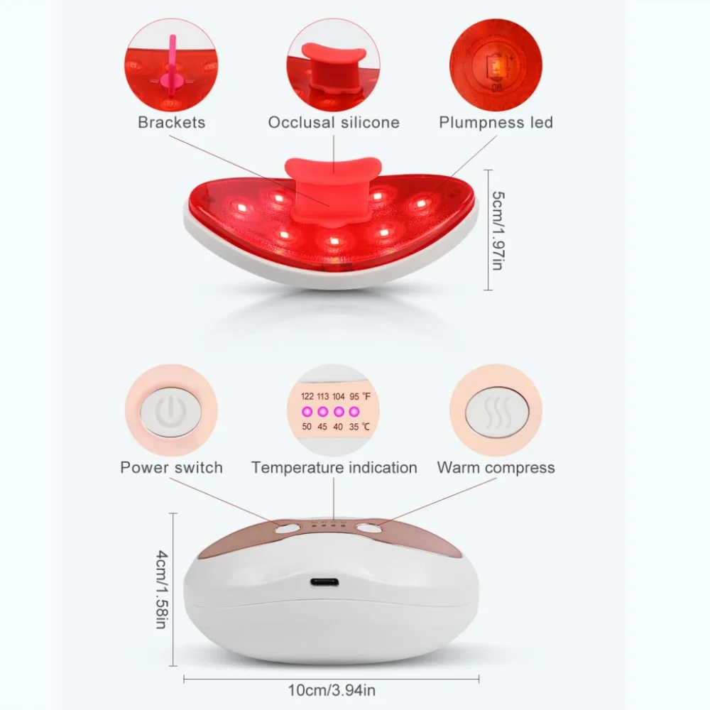 Dispositivo de aumento labial com luz LED 2 em 1, 4 níveis de temperatura, ferramenta de cuidados com os lábios e os olhos para suavizar rugas labiais e reduzir olheiras