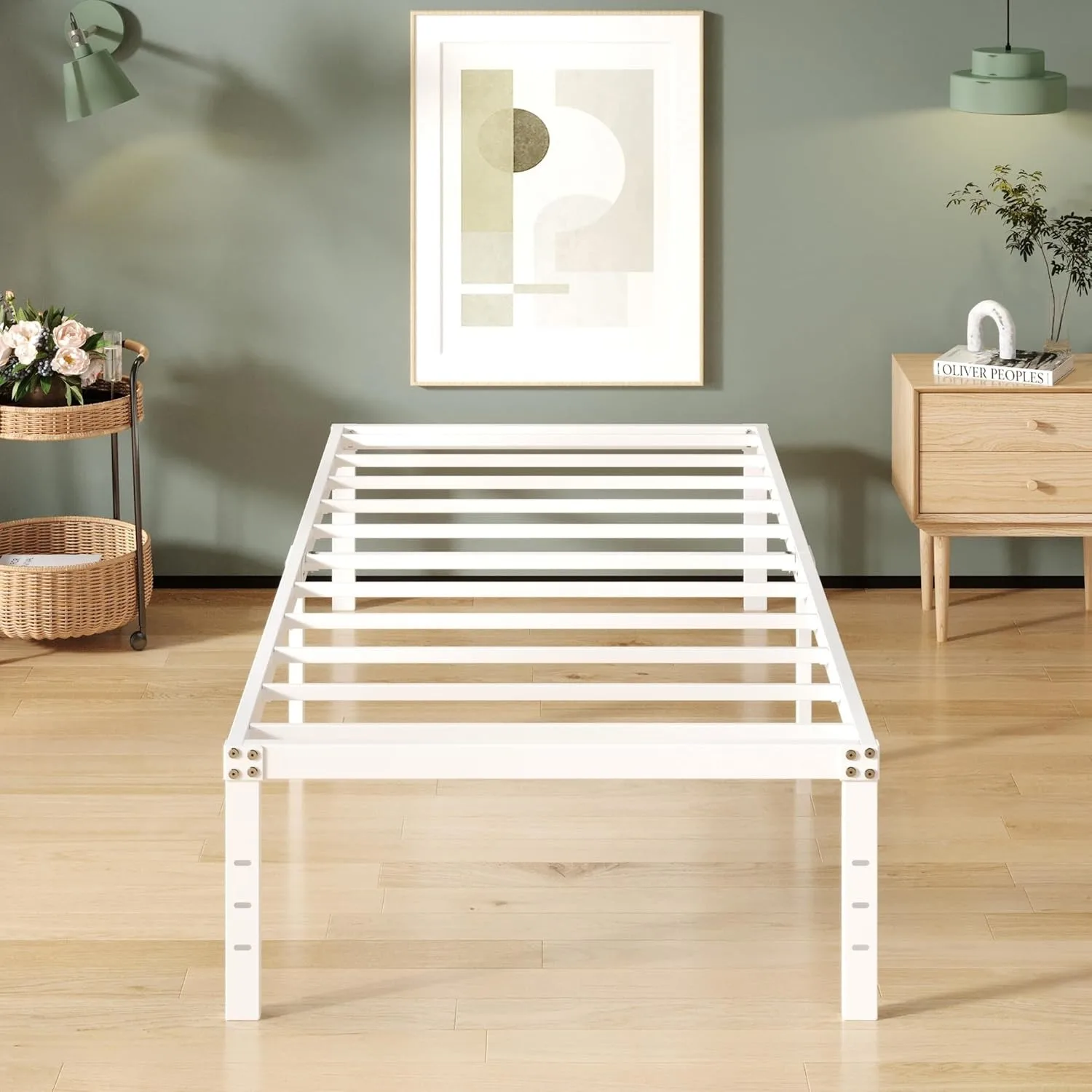 

16 inch white double bed frame, metal platform bed frame, double size heavy-duty mattress, 2500 pound steel reinforcementsupport