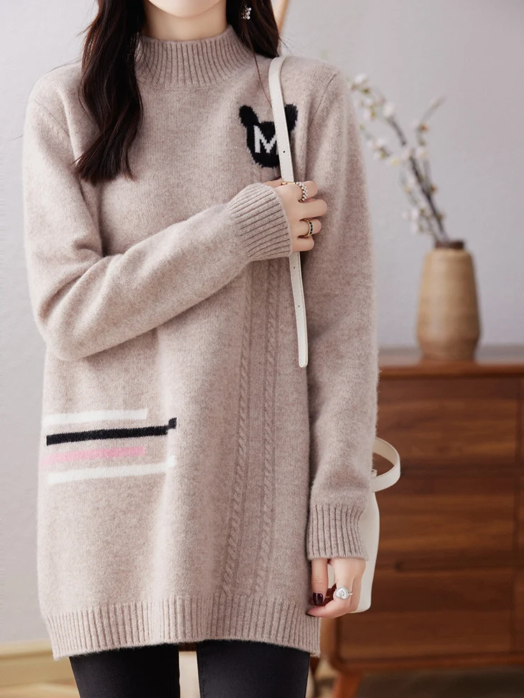 

Women Mid-long Sweaters 100% Merino Wool High-quality Soft Wool Long Sleeve Half-high Collar Pullovers Autumn Winter Female Tops