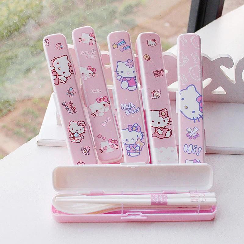 Cute Cartoon KT Cat Chopsticks Spoon Fork Kit Kawaii Hello Kitty Portable Resin Tableware With Box Student Dinnerware Set