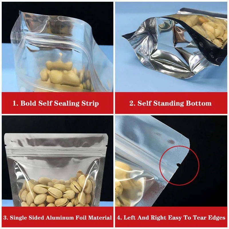 JinSen 100PCS Self-supporting Ziplock Bags Food Packaging Bag Aluminum Foil Bag Tea Nuts Snacks Sealed Bags