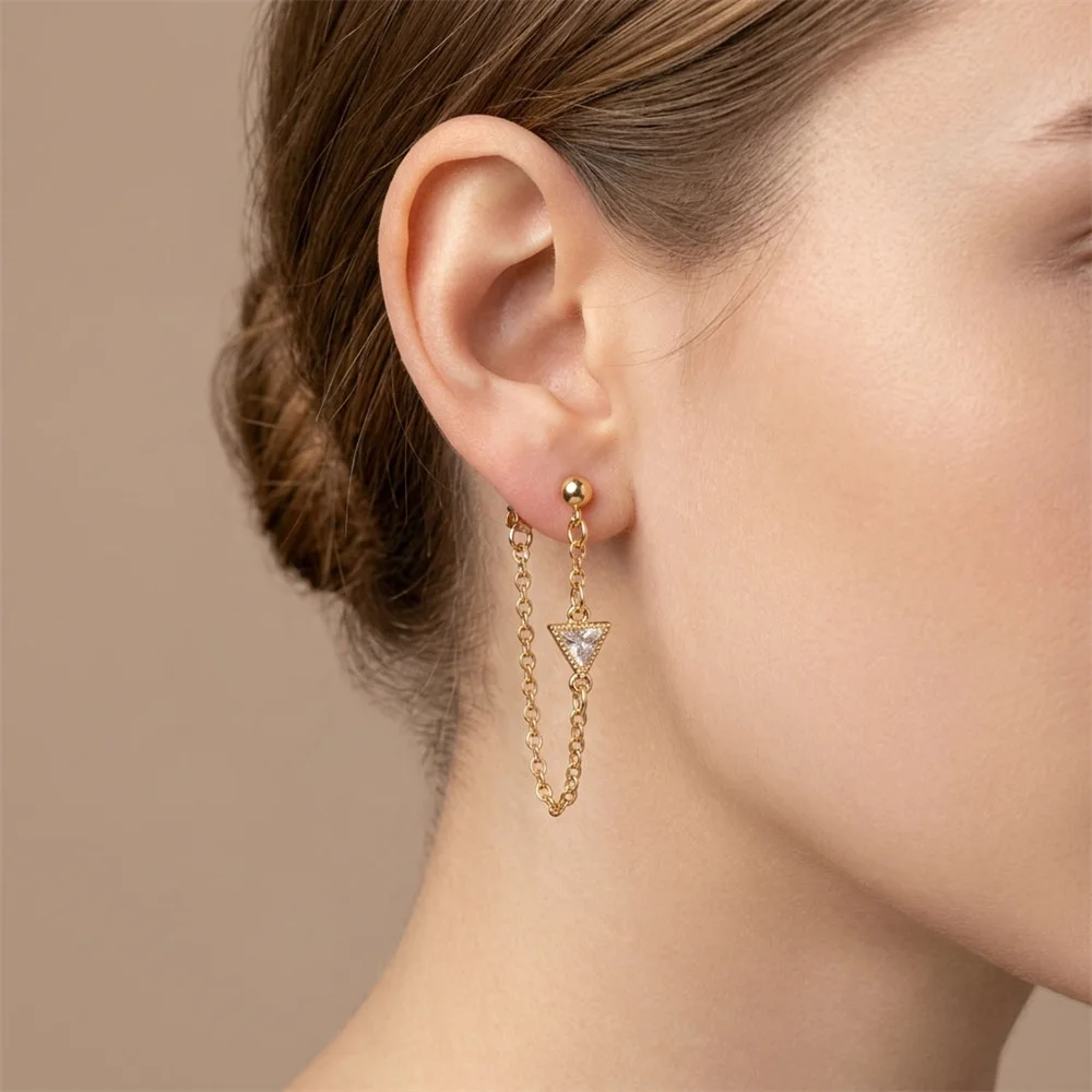 Classic Gold Color Plating Pink Navy Red Irregular Zircon Paving Chain Tassel Drop Earring Single Pack For Women Girl Jewelry