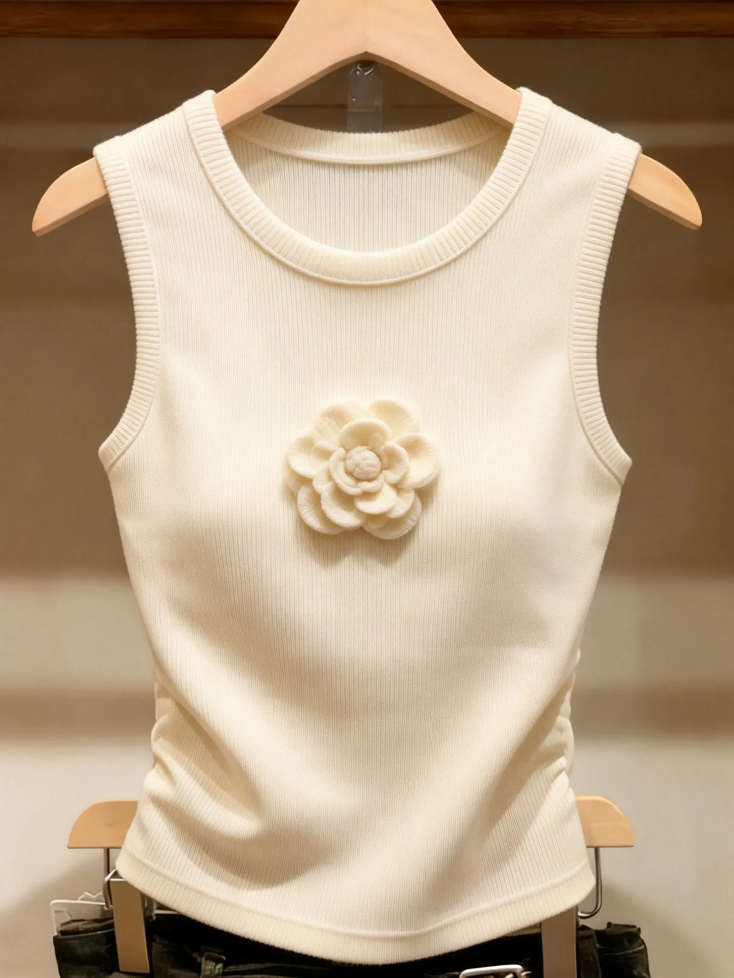 

Slim Fit Unique Knitted Vest Women's round Ne Svel Top Beautiful Summer New Sle Floral 3D Design Chinese Sle irt