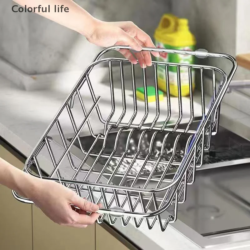 

Adjustable Drain Baskte Stainless Steel Sink Tableware Rack Kitchen Fruit Drainer Expandable Vegetable Washing Basin Dish Rack