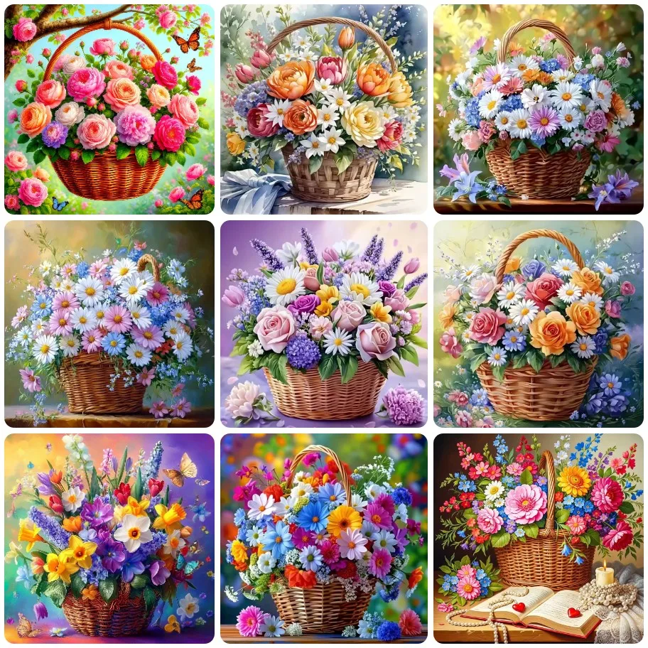 Cesta de Mimbre con Rosas, Margaritas y Lavanda, Pintura de Diamantes con Diseño Floral, Decoración de Pared Estética para el Hogar, Regalo Sorpresa Hecho a Mano