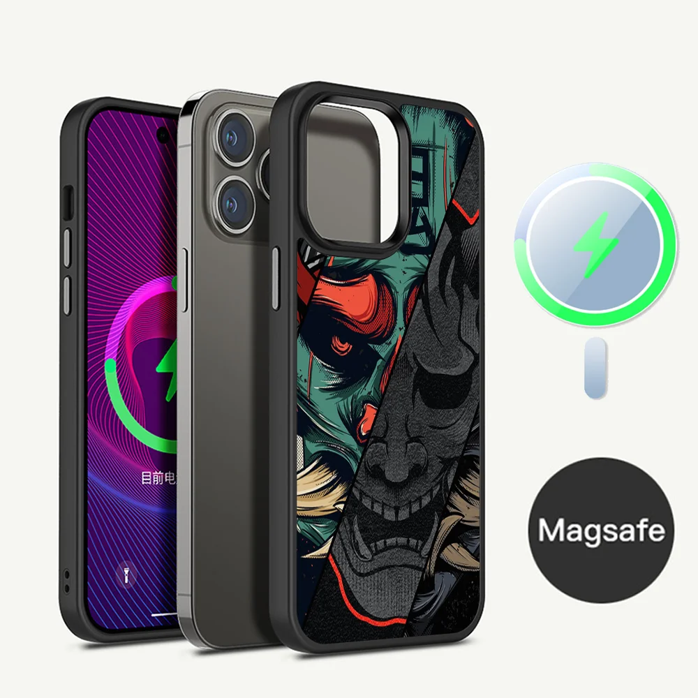 

Japan Samurai Oni Mask For iPhone 15 Pro Max Case 14 Plus 13 12 11 Magesafe Magnetic Wireless Charge Cover