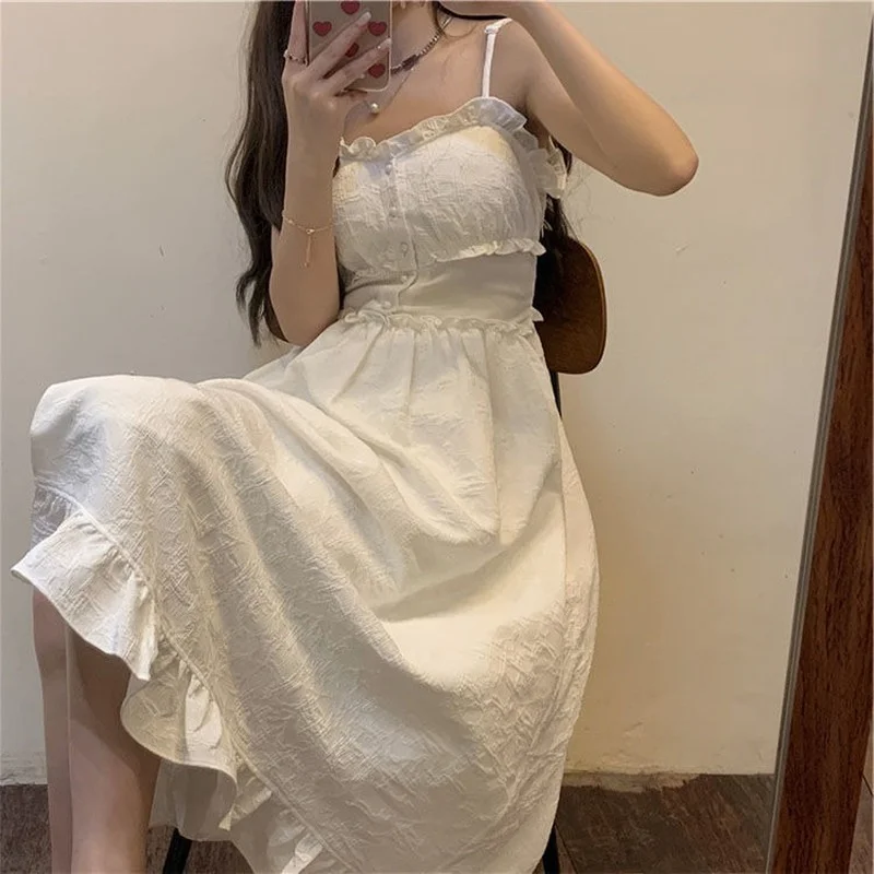 

White Maxi Dress Summer Robes for Women Casual Fairy Strap Tank Lace Lolita Sundress Cottagecore Elegant Temperament Y2k Dress