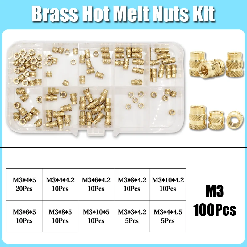 M2 M3 M4 M5 M6 M8 Messing Wärmeeinsatz Mutter Sortiment Set Hot Melt Rändelgewindeeinsatz Einbettung Kupfer Mutter 3D-Druck Nutinsert