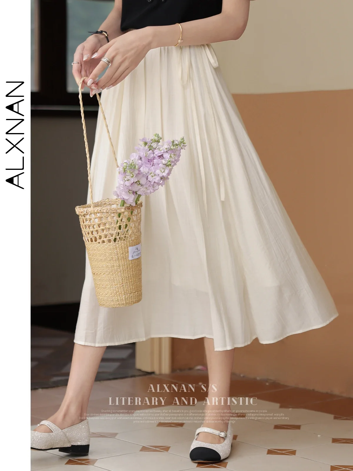 ALXNAN Women's Pleated Skirt 2024 Summer New A-line High Waist Midi Lace-up Versatile Casual for Woman Sold Separately LXN30565