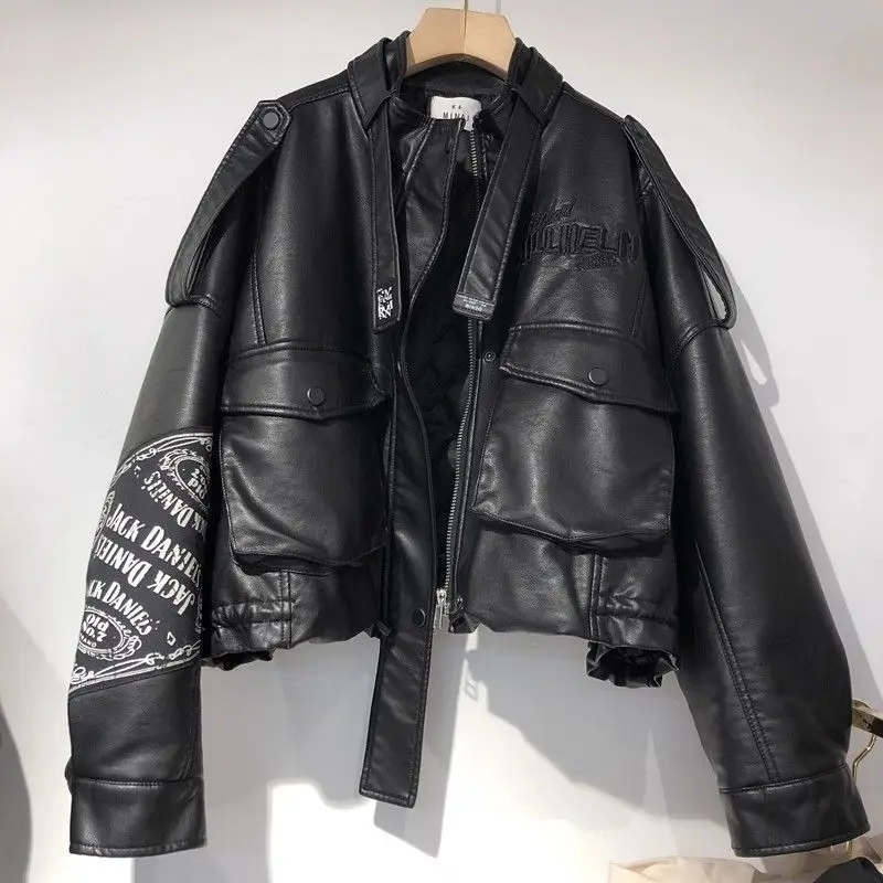 Chaqueta de cuero PU negra para mujer, otoño e invierno, nuevo algodón, Super Fire Cool Sa, chaqueta locomotora de alta gama, abrigo Popular europeo