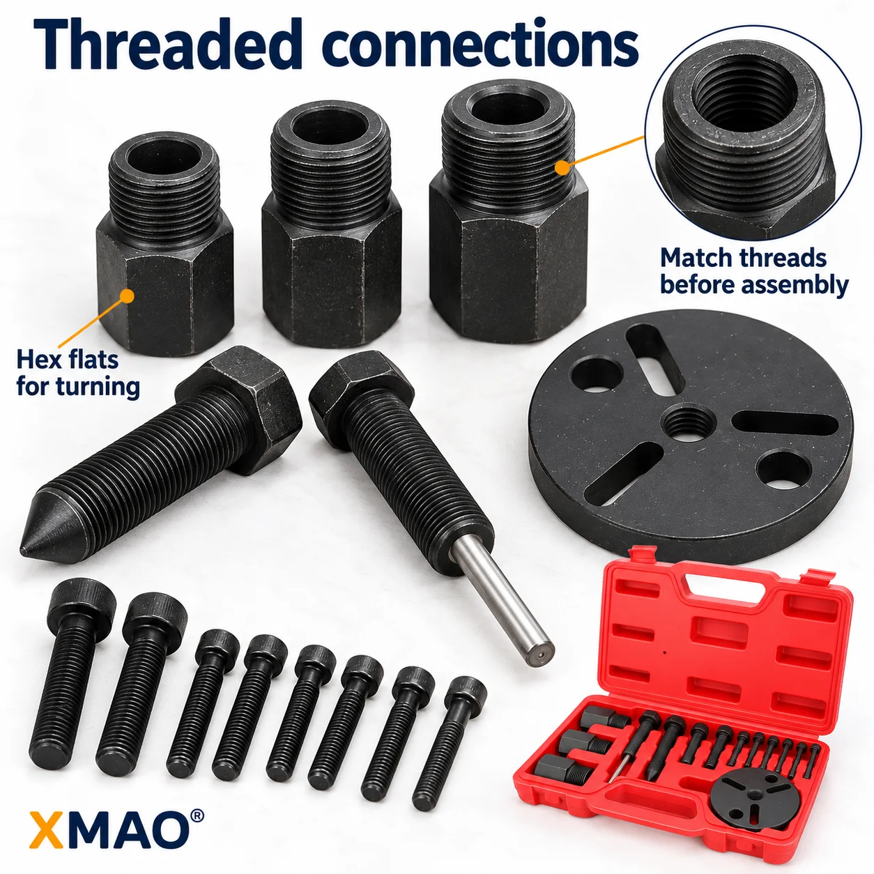 XMAO 14 Pcs Car AC Compressor Clutch Puller Tool Kit Removal Installer Set with Forcing Screws Threaded Adapters and Carry Case