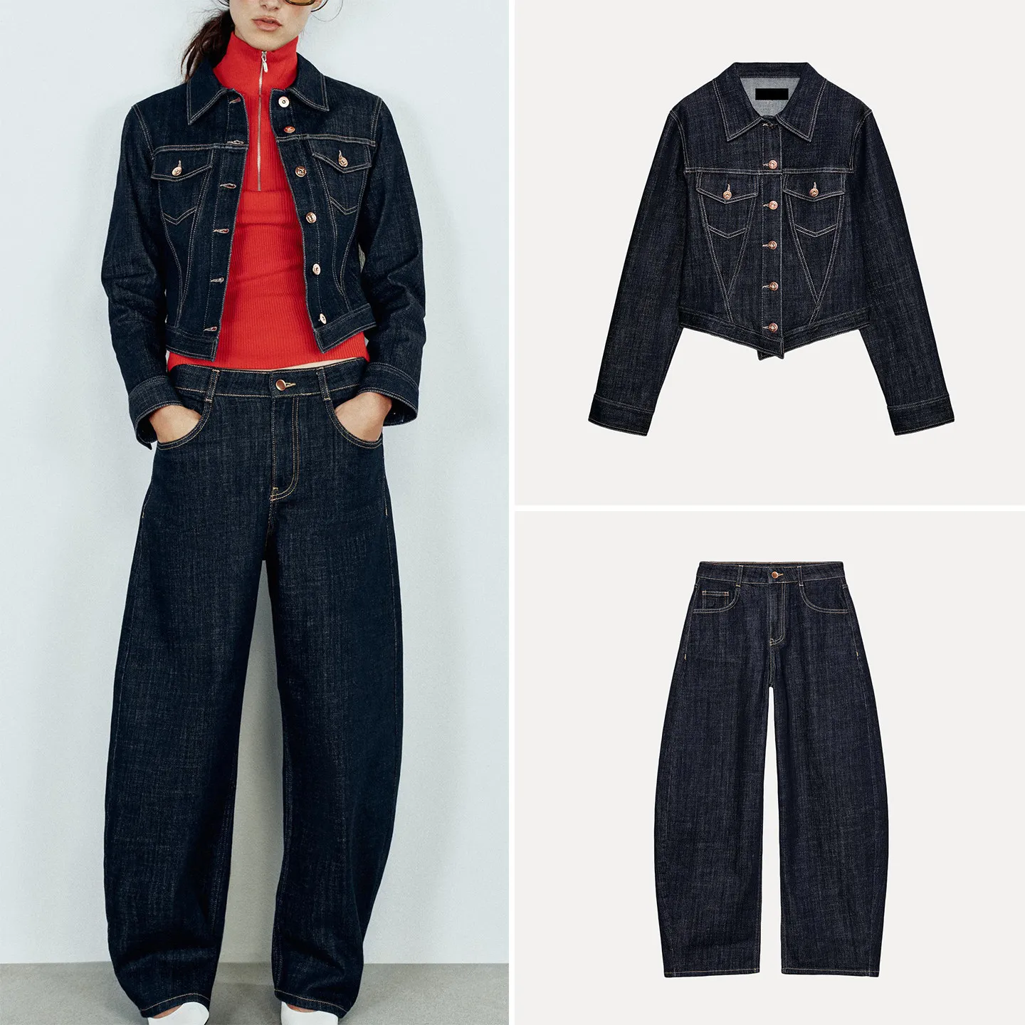 Conjunto de Dos Piezas de Moda para Mujer: Chaqueta Vaquera de Manga Larga con Cuello y Pantalones Bordados de Cintura Alta