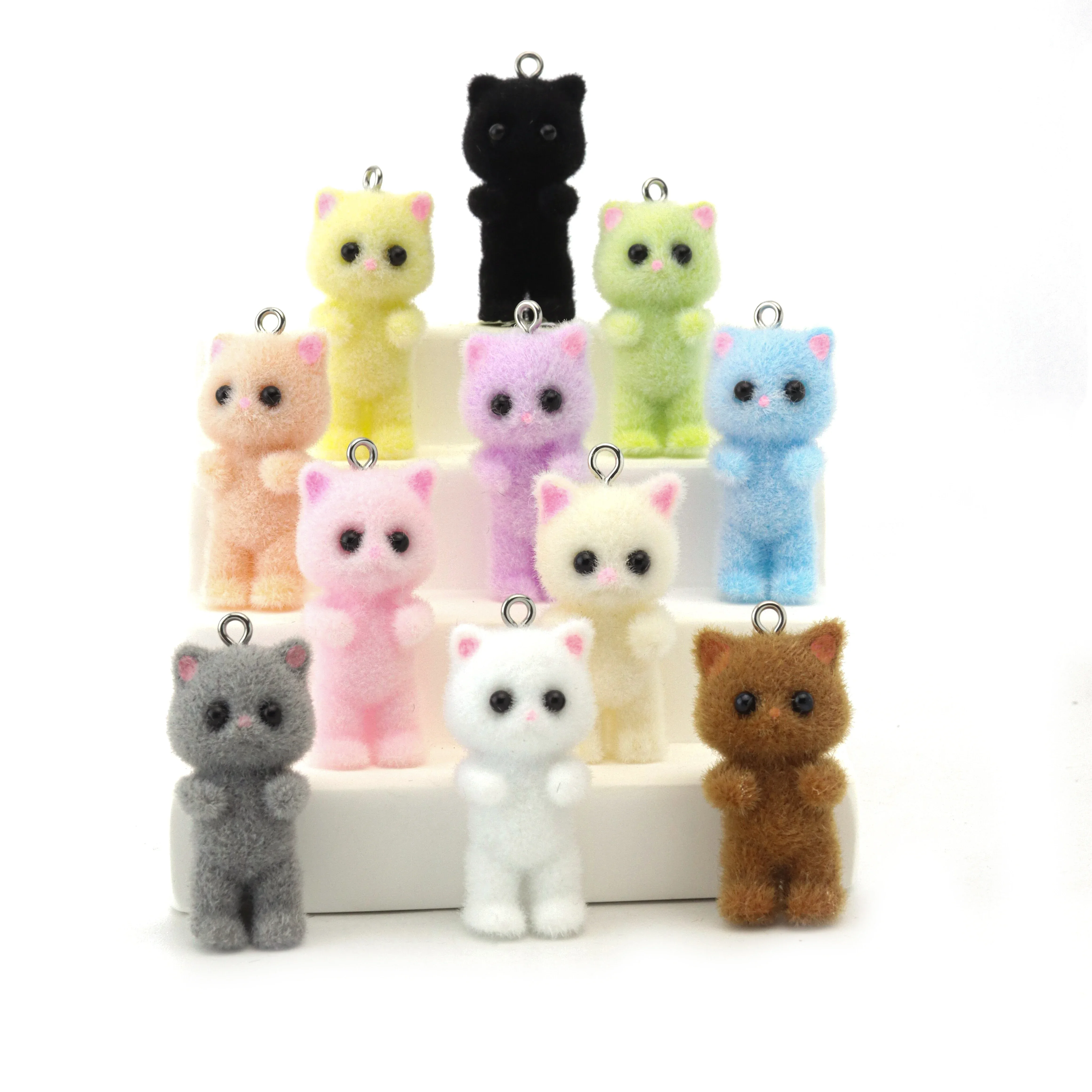 11PCS Cat Pendant Kawaii 3D Fluffy Flocking Animal Cat Charms Miniature Dolls Keychain Necklace Pendant DIY Crafts Jewelry Make
