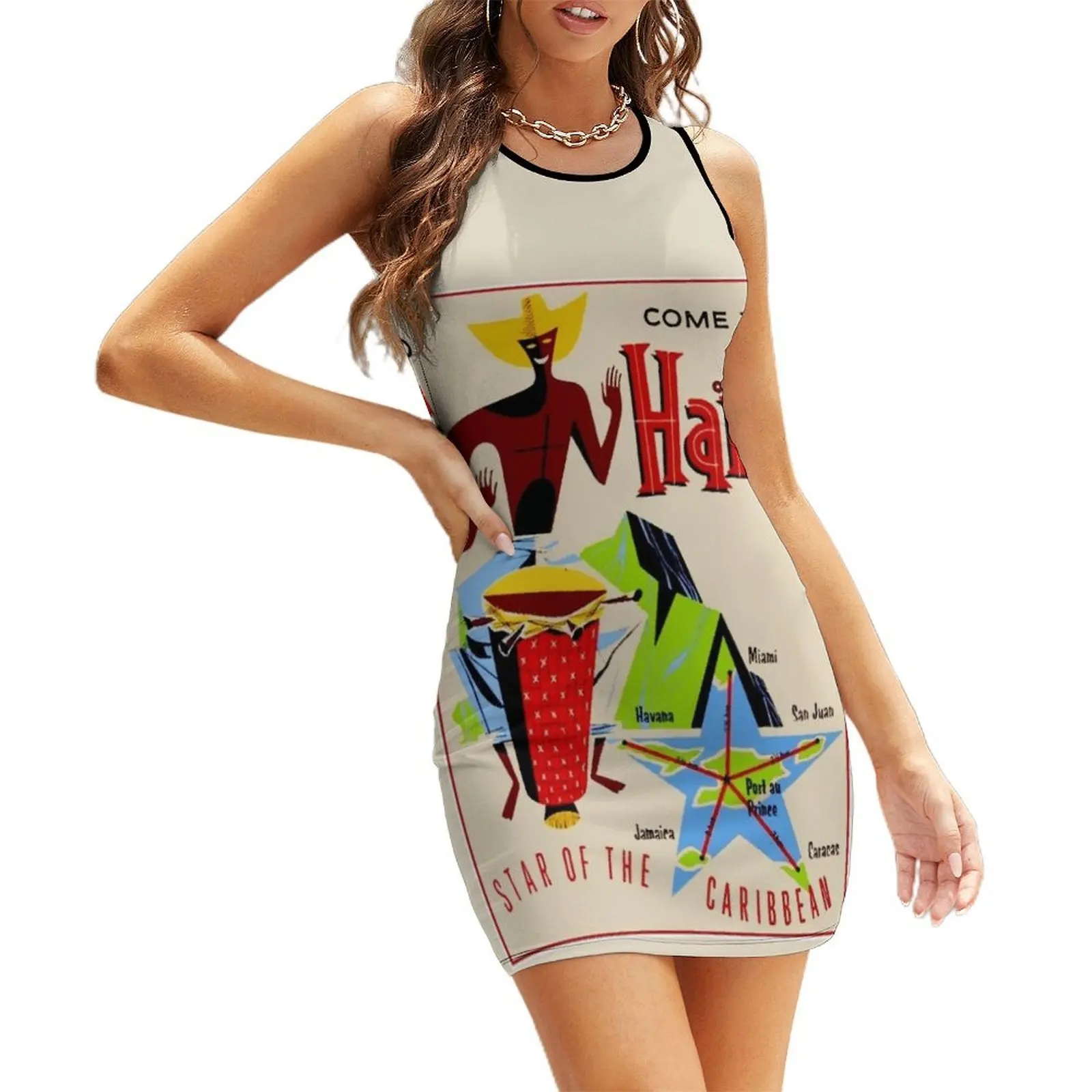 

HAITI : Vintage Travel Advertising Print Sleeveless Sundress dress summer 2025 women summer dress woman 2025 trendy woman dress
