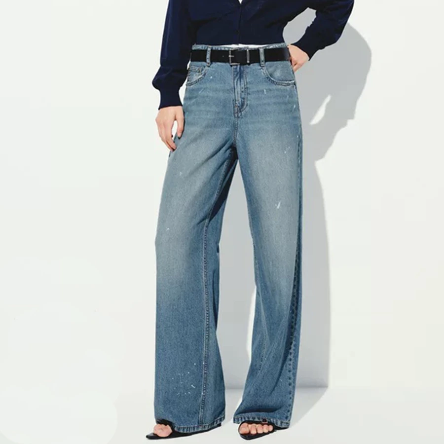 

Maxdutti French Fashion Lyocell Linen Dirty Splash Paint Vintage Style Medium High Waist Denim Pants Women's Jeans Woman Clothes