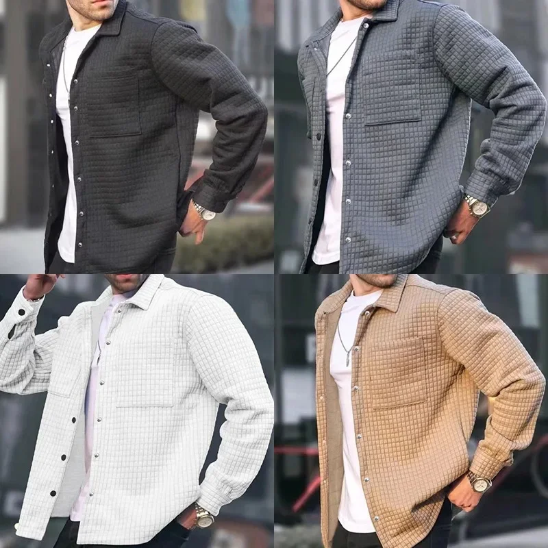 Turn-down Winter Men Warm Jacket Autumn Solid Color Clothing Outwear Male Fashion Casual Multi-pocket Long Sleeve Top