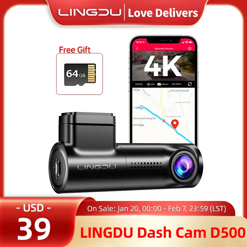 LINGDU D500 Dash Cam 4K 2160P UHD Car DVR WiFi Camera Built in GPS Voice Control 24H Parking Monitor Night Vision