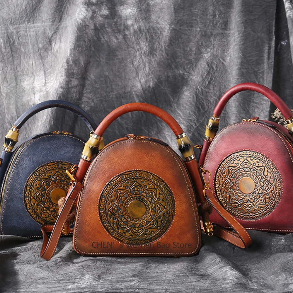 

Luxury Handmade Embossed Women Crossbody Bag 2025 New Retro Genuine Leather Shell Bag Ladies Chinese Style Shoulder Bags